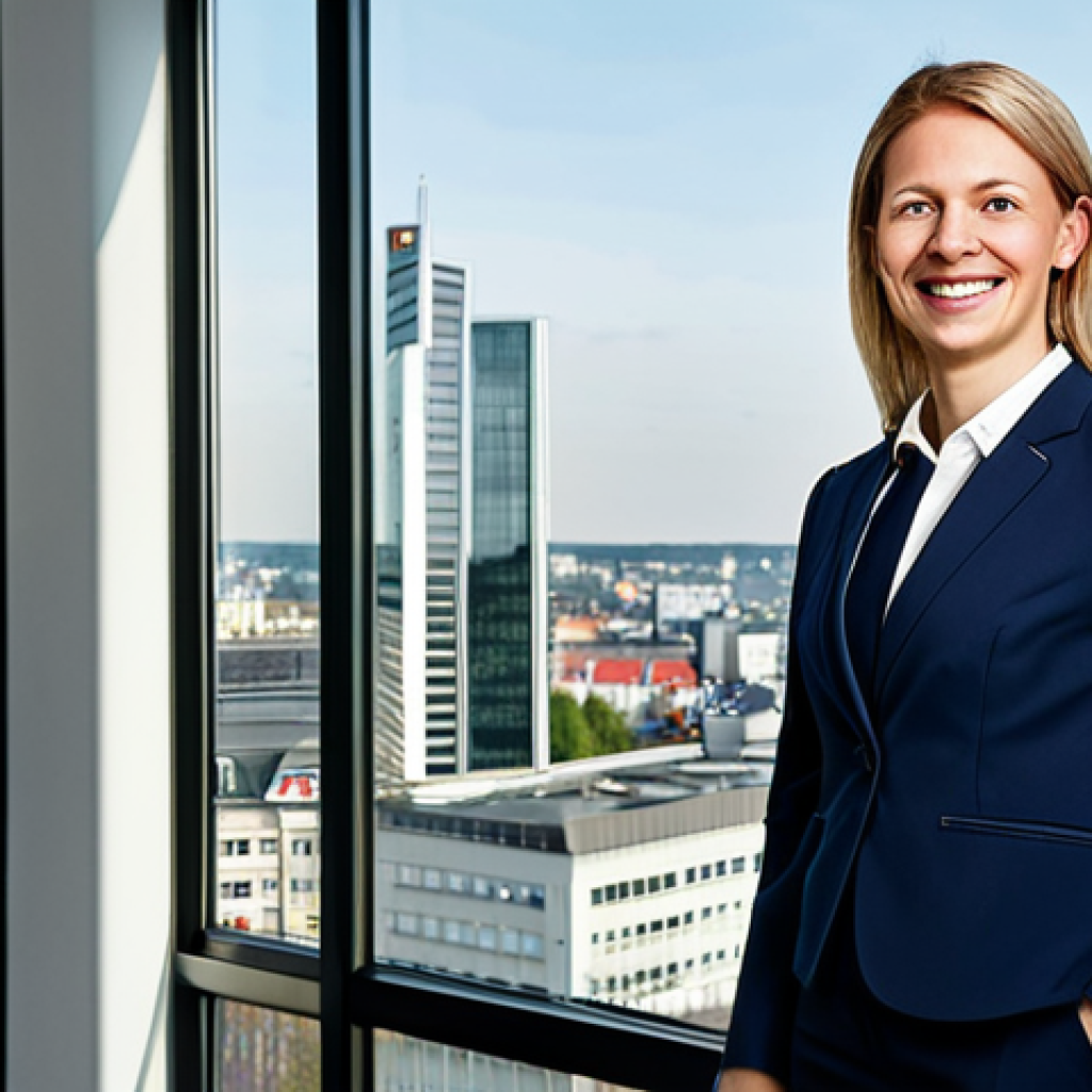 **
A professional businesswoman in a modest business suit, standing in a modern office in Frankfurt, Germany. She is smiling confidently. The background shows the Frankfurt skyline through a large window. Fully clothed, appropriate attire, safe for work, perfect anatomy, natural proportions, professional photography, high quality, family-friendly.
**