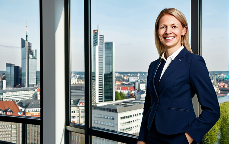 **

A professional businesswoman in a modest business suit, standing in a modern office in Frankfurt, Germany. She is smiling confidently. The background shows the Frankfurt skyline through a large window. Fully clothed, appropriate attire, safe for work, perfect anatomy, natural proportions, professional photography, high quality, family-friendly.

**