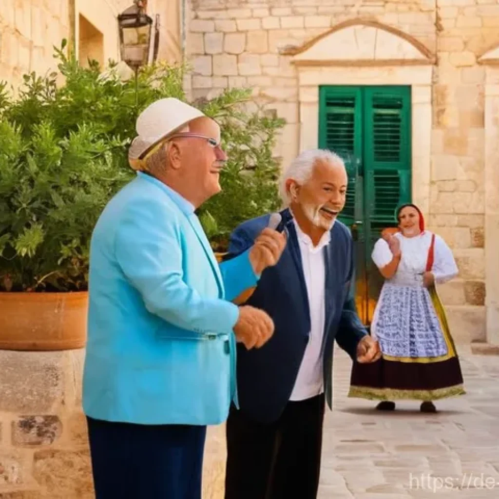 몰타 전통 음악 - **Prompt:** A vibrant outdoor scene in an old, sun-drenched Maltese village square during golden hou...