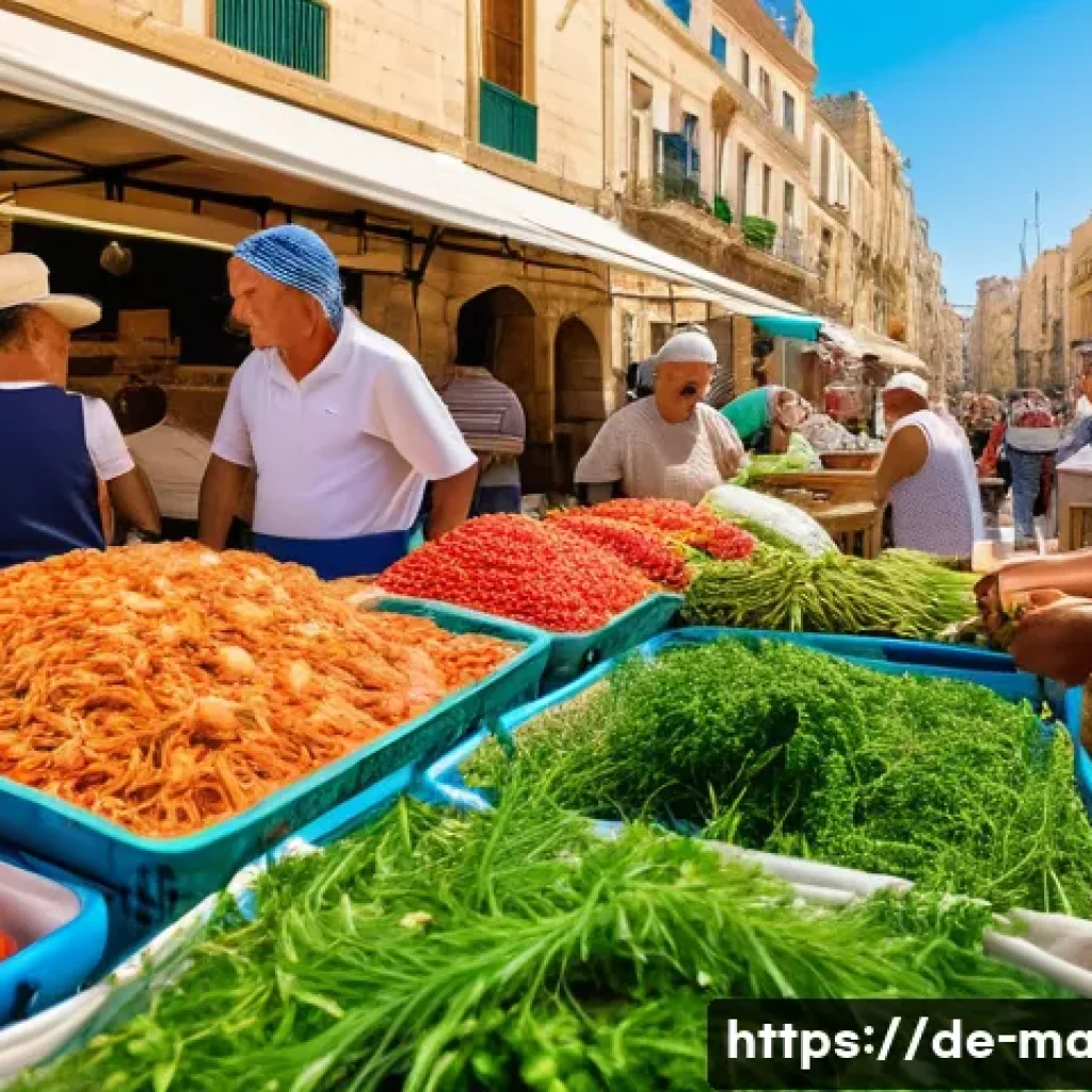 몰타 지중해 요리 특성 - A vibrant Mediterranean outdoor market scene in Valletta, Malta, bustling with local vendors selling...
