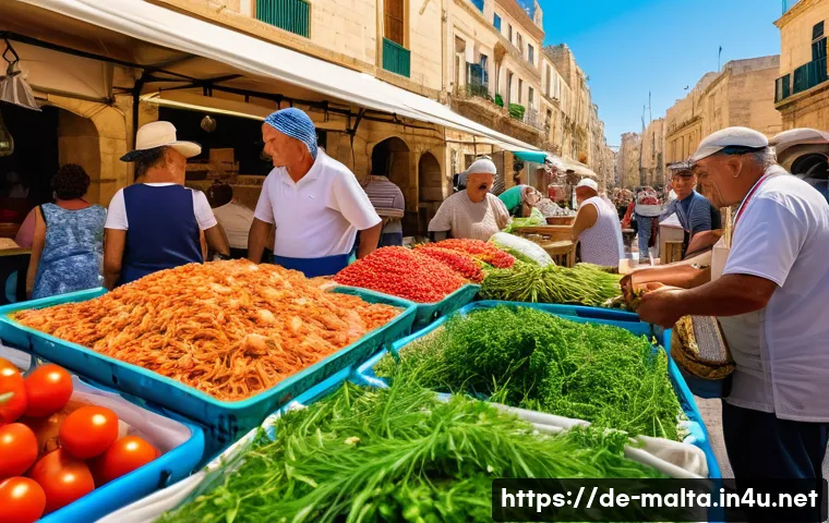 몰타 지중해 요리 특성 - A vibrant Mediterranean outdoor market scene in Valletta, Malta, bustling with local vendors selling...