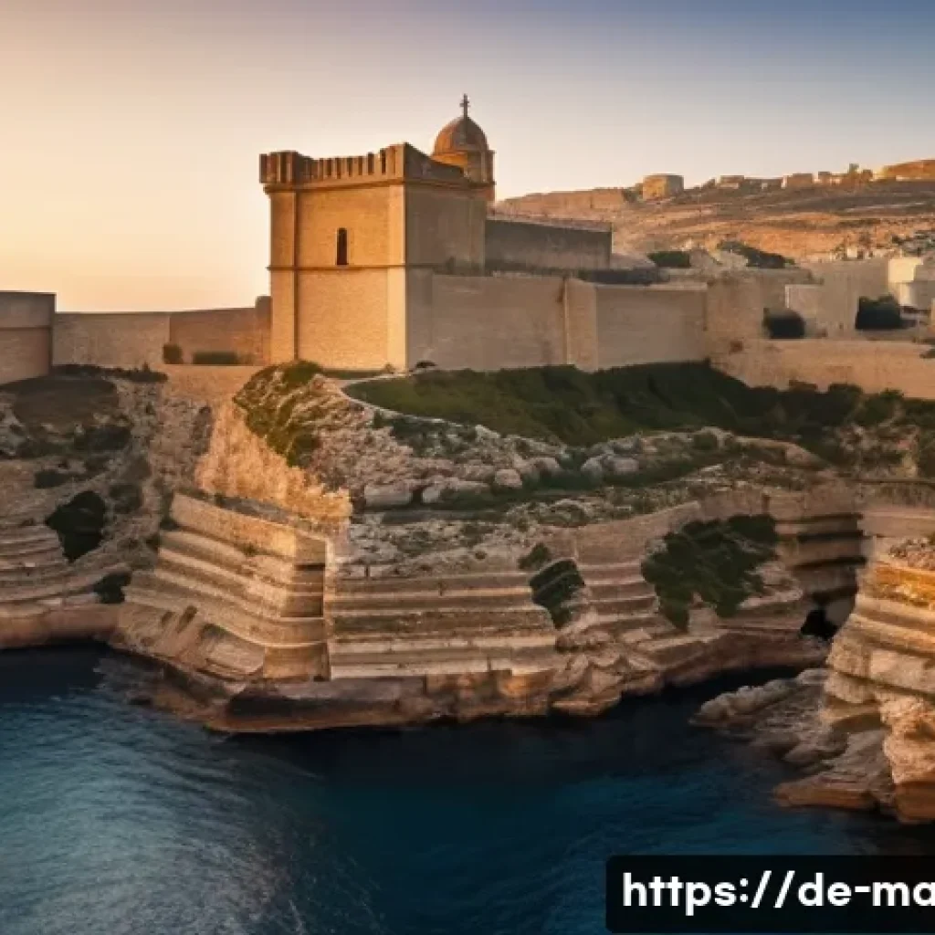 몰타 중세시대 유적 - A detailed medieval fortress on Malta perched atop rugged cliffs, featuring massive stone bastions a...