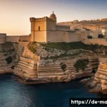 Home 22 몰타 중세시대 유적 - A detailed medieval fortress on Malta perched atop rugged cliffs, featuring massive stone bastions a...