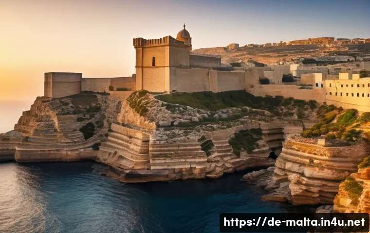 몰타 중세시대 유적 - A detailed medieval fortress on Malta perched atop rugged cliffs, featuring massive stone bastions a...