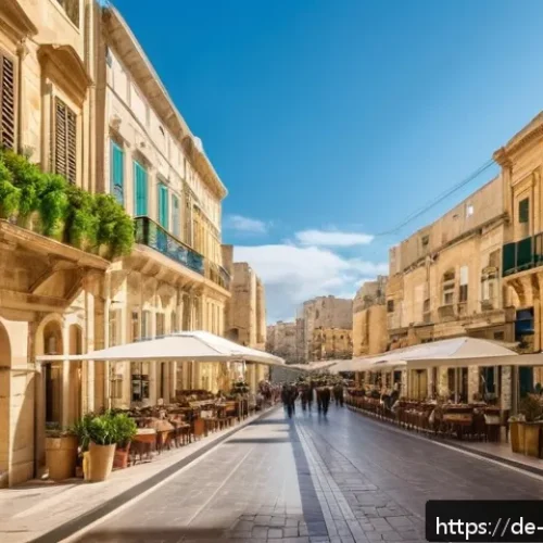 Home 33 몰타 부동산 투자 - A vibrant urban scene in Valletta, Malta, showcasing modern apartments with balconies overlooking hi...