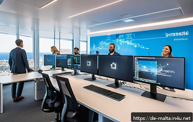 몰타 노동시장 및 취업 기회 - A modern office environment in Malta showcasing a diverse group of IT professionals collaborating on...