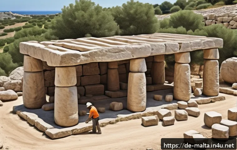 몰타 유적지 탐방 - A detailed, photorealistic depiction of a Maltese megalithic temple construction site in prehistoric...