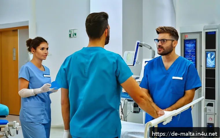몰타 병원 및 약국 - A modern, well-equipped Maltese hospital emergency room scene during the day, featuring diverse medi...