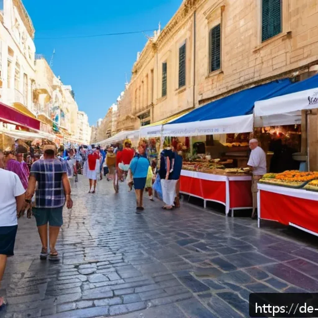 몰타 비자 및 입국 절차 - A vibrant street scene in Valletta, Malta during a traditional summer festa, showing narrow cobblest...