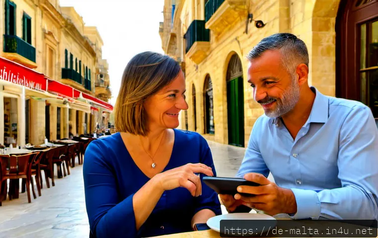 몰타에서 무료 Wi Fi 찾기 - Photorealistic travel scene in Valletta, Malta: a German-speaking middle-aged couple seated at an ou...