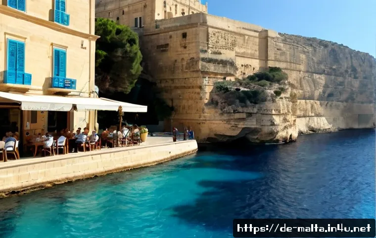 몰타 날씨 및 기후 - Photorealistic wide coastal view of Malta in summer, sunlit limestone buildings overlooking the deep...